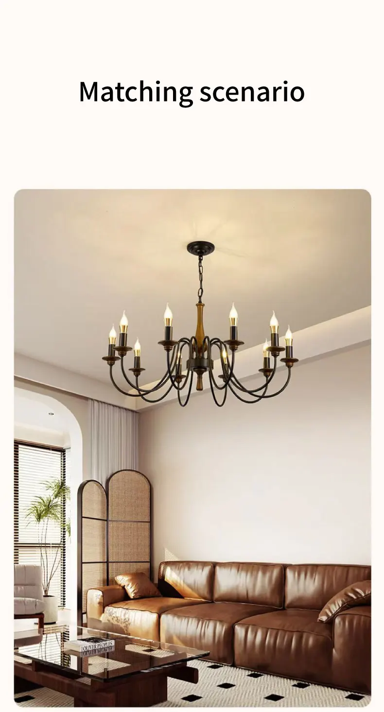 American Retro Candle Chandelier Living Room Solid Wood Iorn