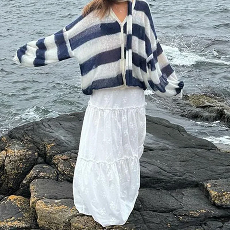 Contrast Striped Knitted Cardigan For Women V Neck Lantern Sleeve Sweater Loose Casual Sweater Coat 2024 Autumn Lady Outerwear