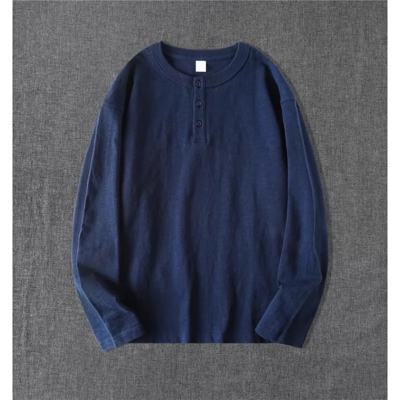 American Heavyweight Cotton Henry Collar Long Sleeve T Shirt Men Plus Size Solid Color Autumn Basic Undershirt