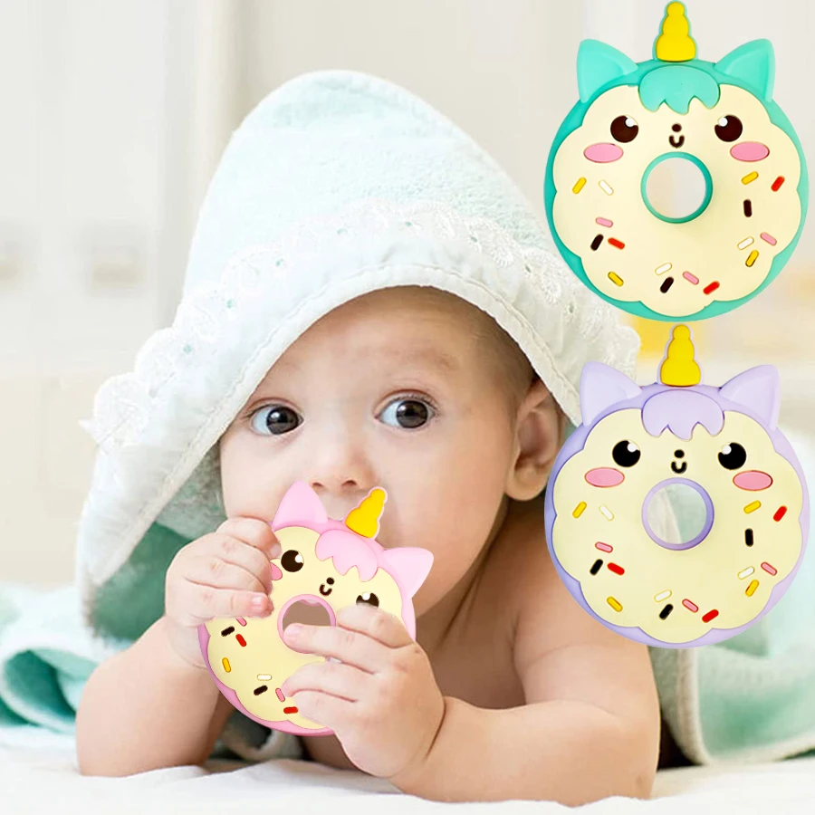 8 types Teething essential teethers, suitable for (3-12 months baby), donut unicorn shape design, silicone material teethers