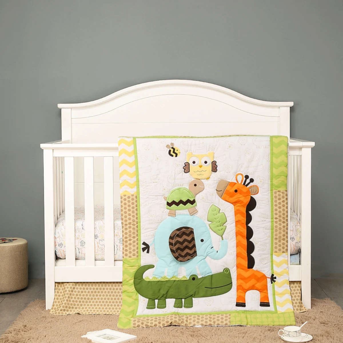 3Pcs Jungle theme Baby Cot Bedding Set baby boy nursery bedding set kit berço pra bebê (Baby Comforter Fitted Sheet Crib Skirt)