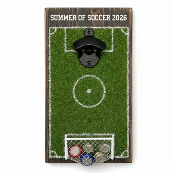 Wall‑Mounted Football Bottle Opener with Goal Net, Soccer Field Beer Cap Catcher, Wooden Wall Decor for Bar Party Man Cave Gift