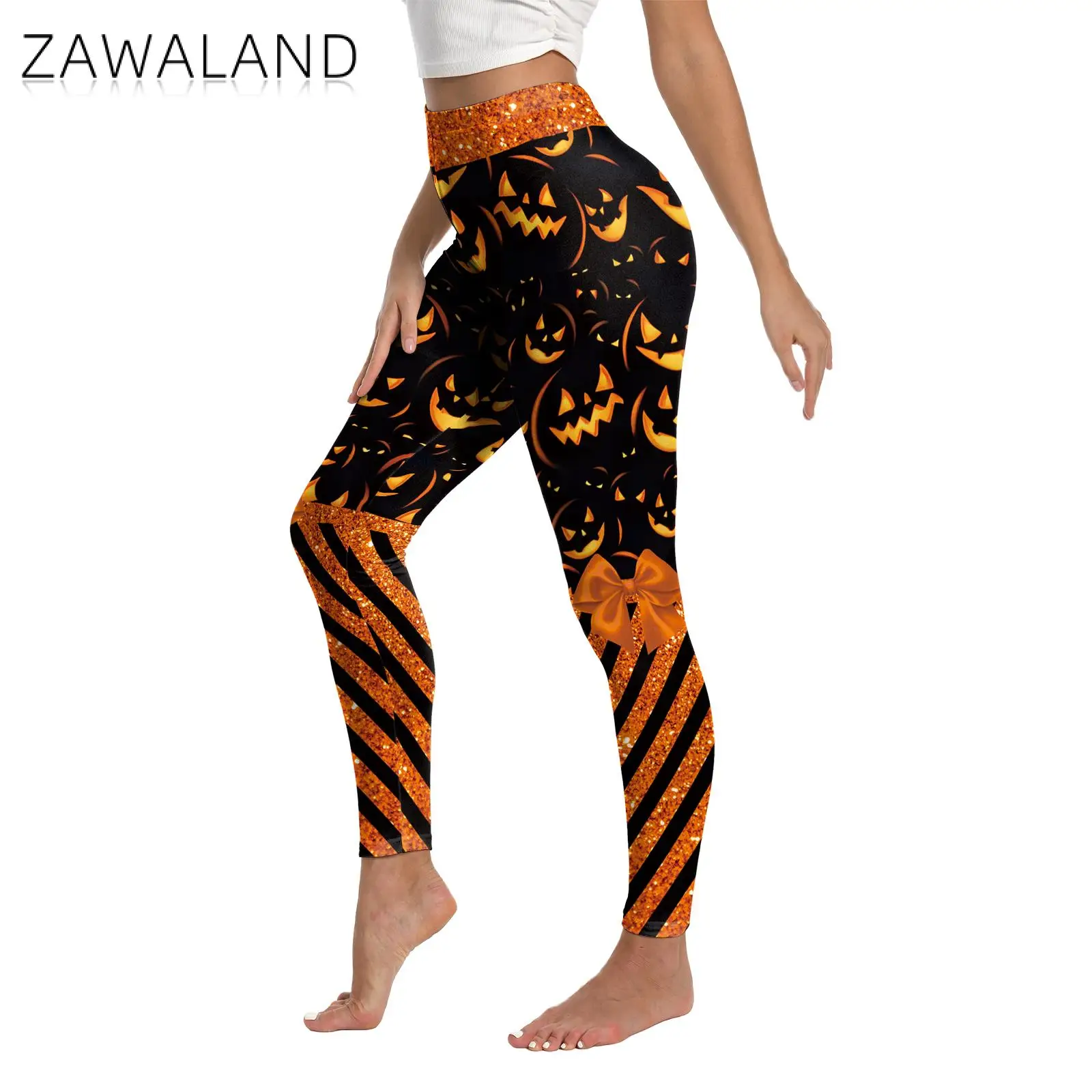 Zawaland 호박 반짝이 줄무늬 인쇄 할로윈 레깅스 여성 축제 호박 그래픽 바지 Strechy 섹시한 스타킹 파티 바지