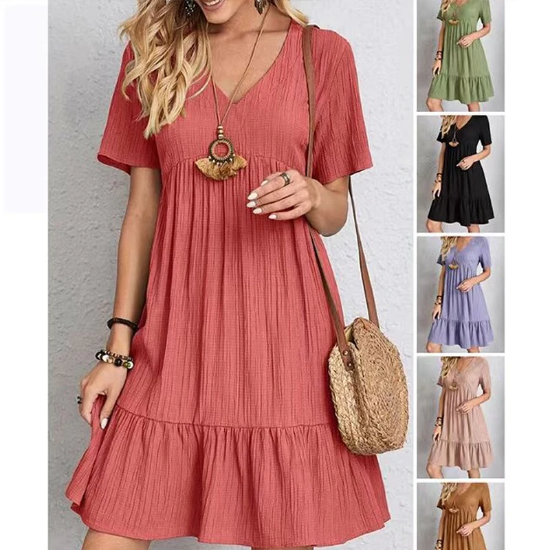 

Summer Womens Solid Short Sleeve Mini Dress A-Line Dress Ladies Pleated Casual V-Neck Cotton Linen Dress Loose Holiday Vestidos