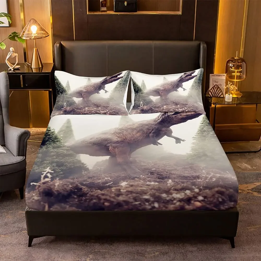 Dinosaur Animal Monster Fitted Sheet for Kids Teens Dinosaur Print Microfiber Soft Bed Cover with 2 Pillowcases King Queen Siz