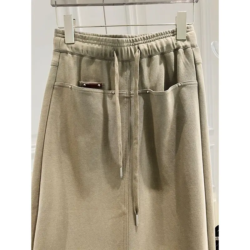 2024 New Temperament American Style Solid Color Drawstring Women's Versatile High Waist A-line Split Mid Length One Step Skirt