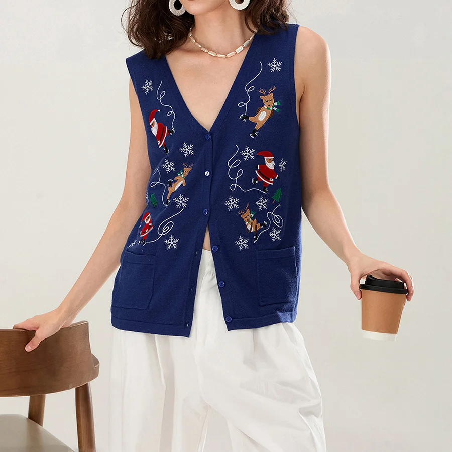 Women Christmas Sweater Vests Santa Claus Print Sleeveless Knit Cardigan Vest Christmas Holiday Tank Top Y2K Clothes