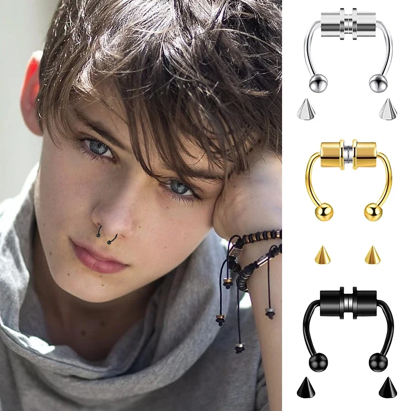 1/2/3pcs Fake Piercing Nose Ring Hoop Septum Non Piercing Nose Clip Rock HipHoop Stainless Steel Magnet Fashion Punk Body Women view 3