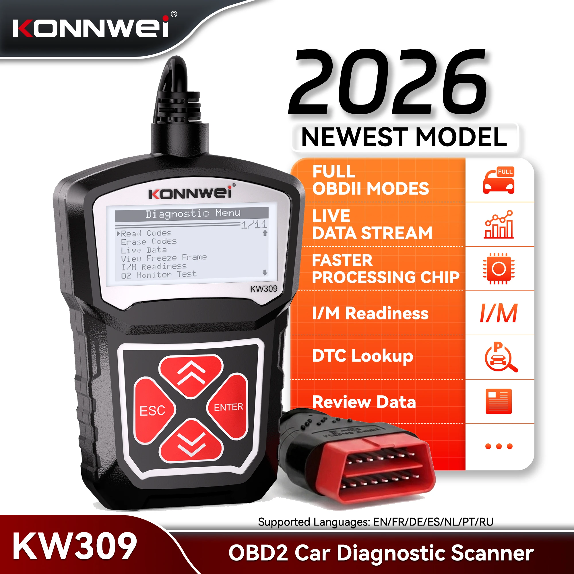 KONNWEI KW309 OBD2 Fault Scanner Read Code DTC Lookup O2 Sensor Monitoring Test I/M Readiness OBDII Scanning Tool for 12V Car