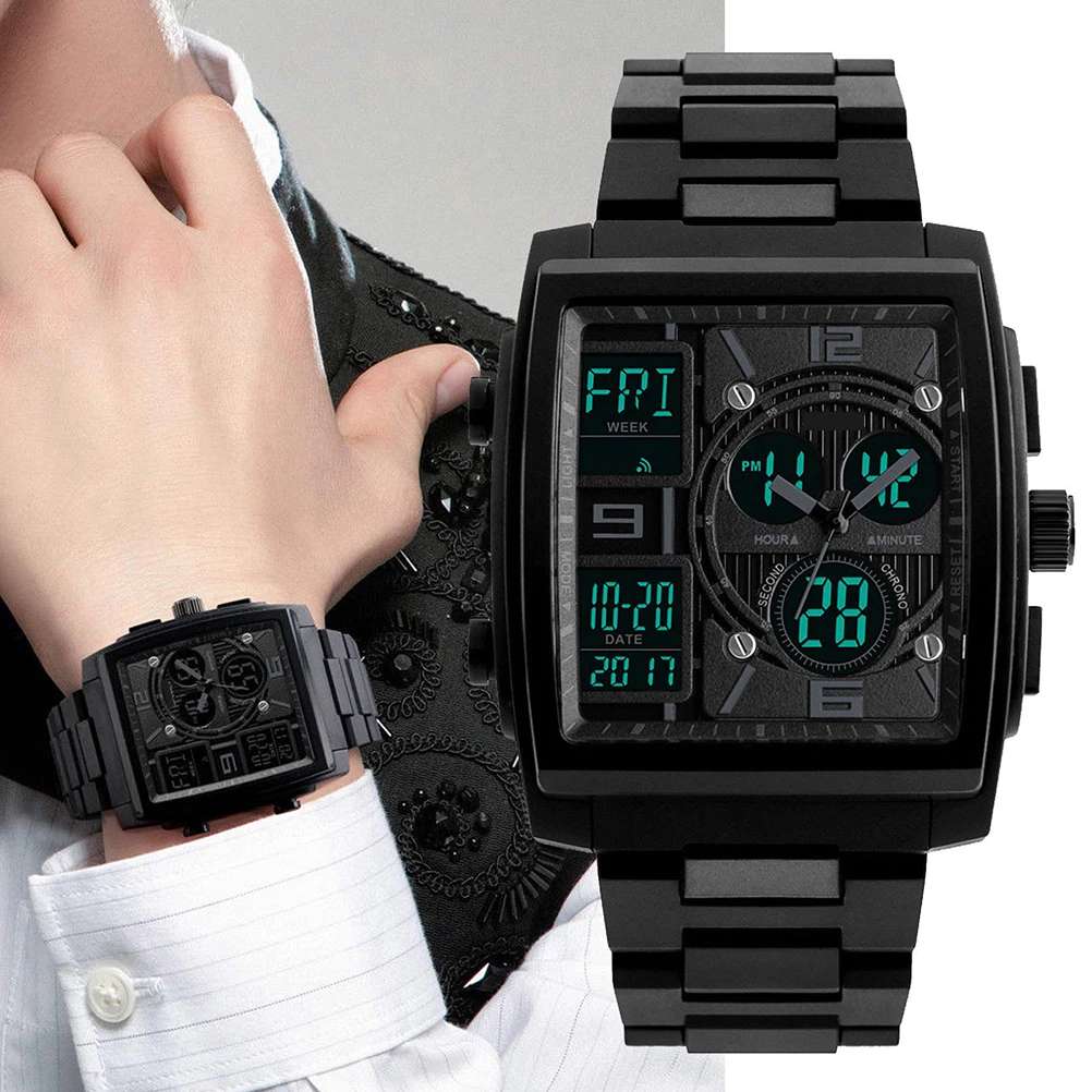 

Men'S Sports Watch Black Large Square Military Style Analog Digital Display Waterproof 50M El Backlight Multi-Function Outdoor