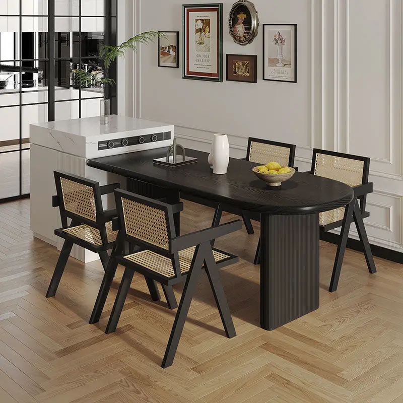 Nordic creative solid wood semi-circular arc dining table wabi-**** wind black retro ash wood small apartment island table again