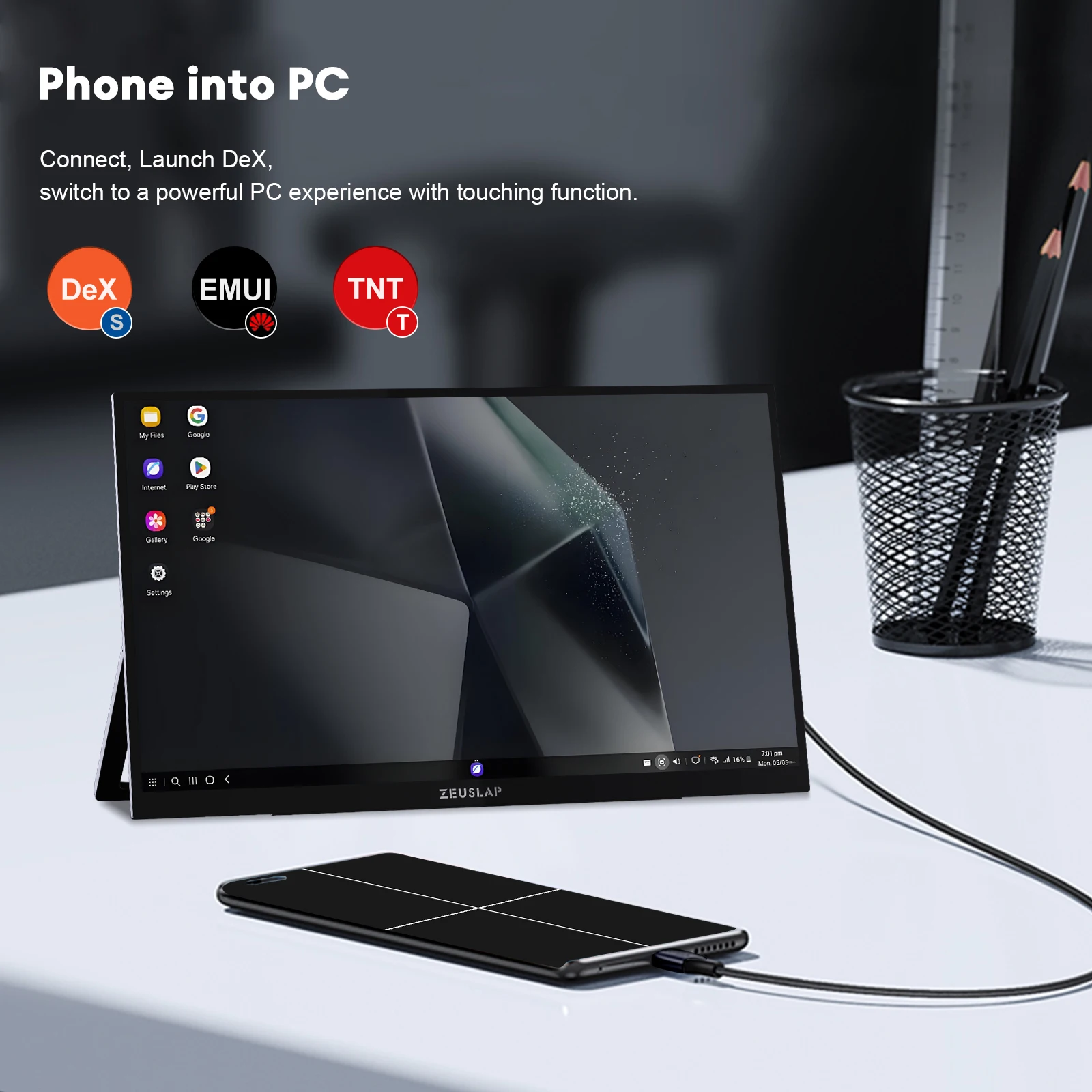 شاشة ZEUSLAP مقاس 13.3 بوصة OLED مضادة للوهج تعمل باللمس لهاتف DeX، Switch، PS5، شاشة ثانية للكمبيوتر المحمول مع مسند