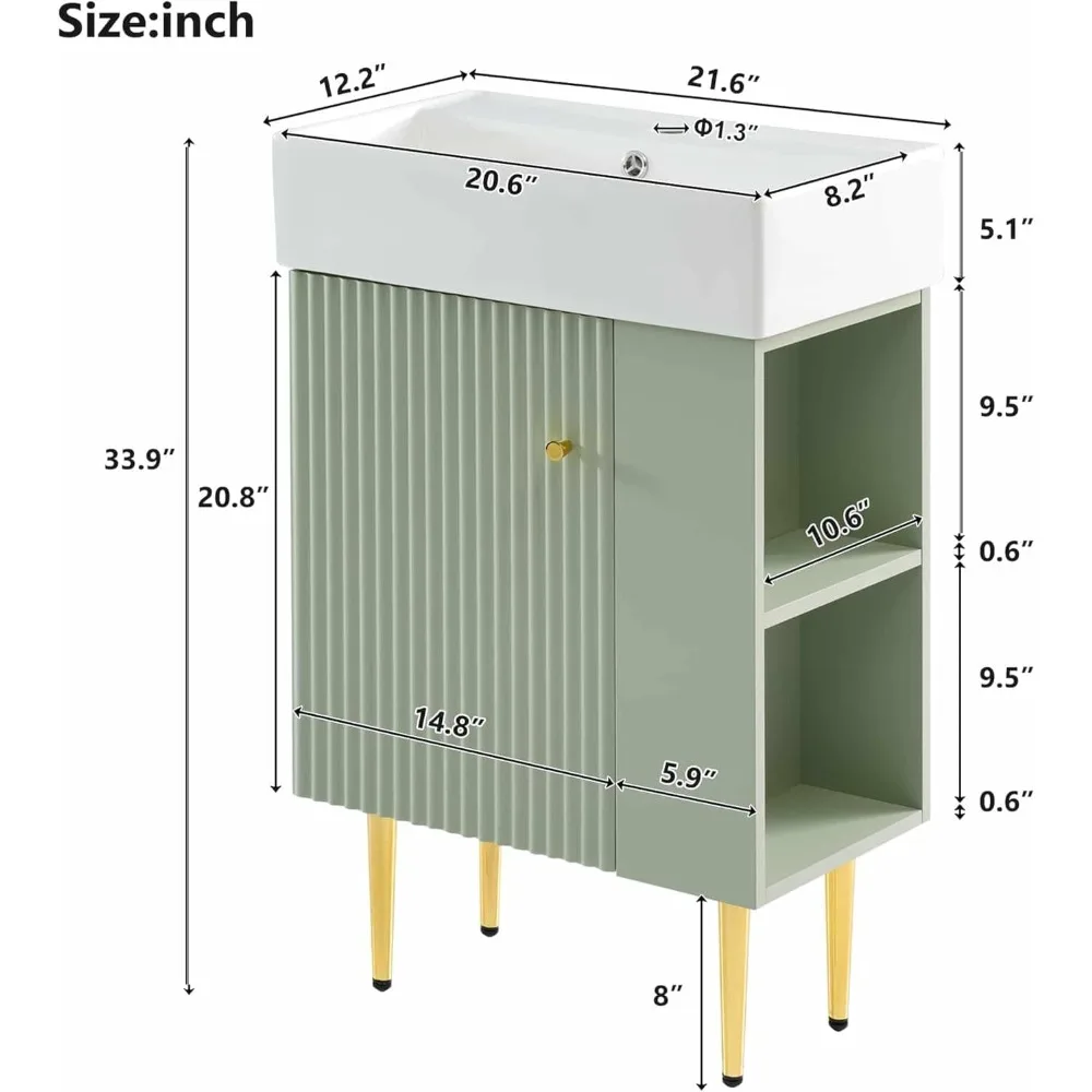 21.6 in Small Bathroom Vanity with Sink,Doors and Storage Shelves,Wood Modern Single Fluted Bathroom Sink Cabinet Freestanding (