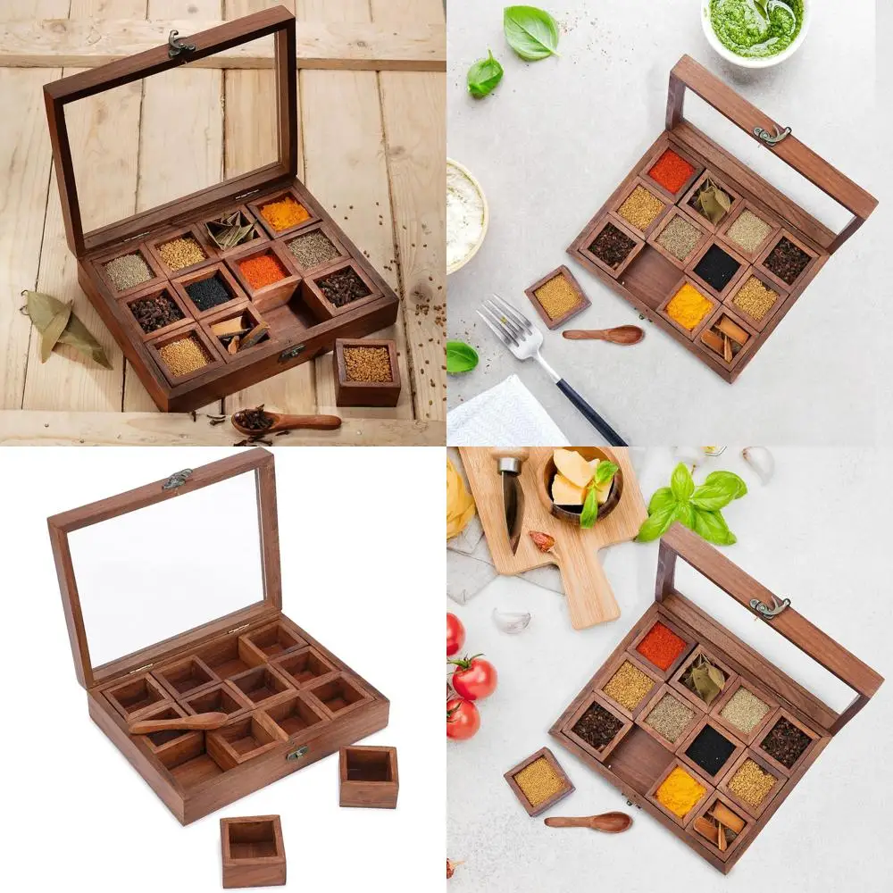 

Glass-Top Wooden Masala Dabba with 12 Compartments, Designer Spice Container for Seasonings and Herbs, Perfect Gift