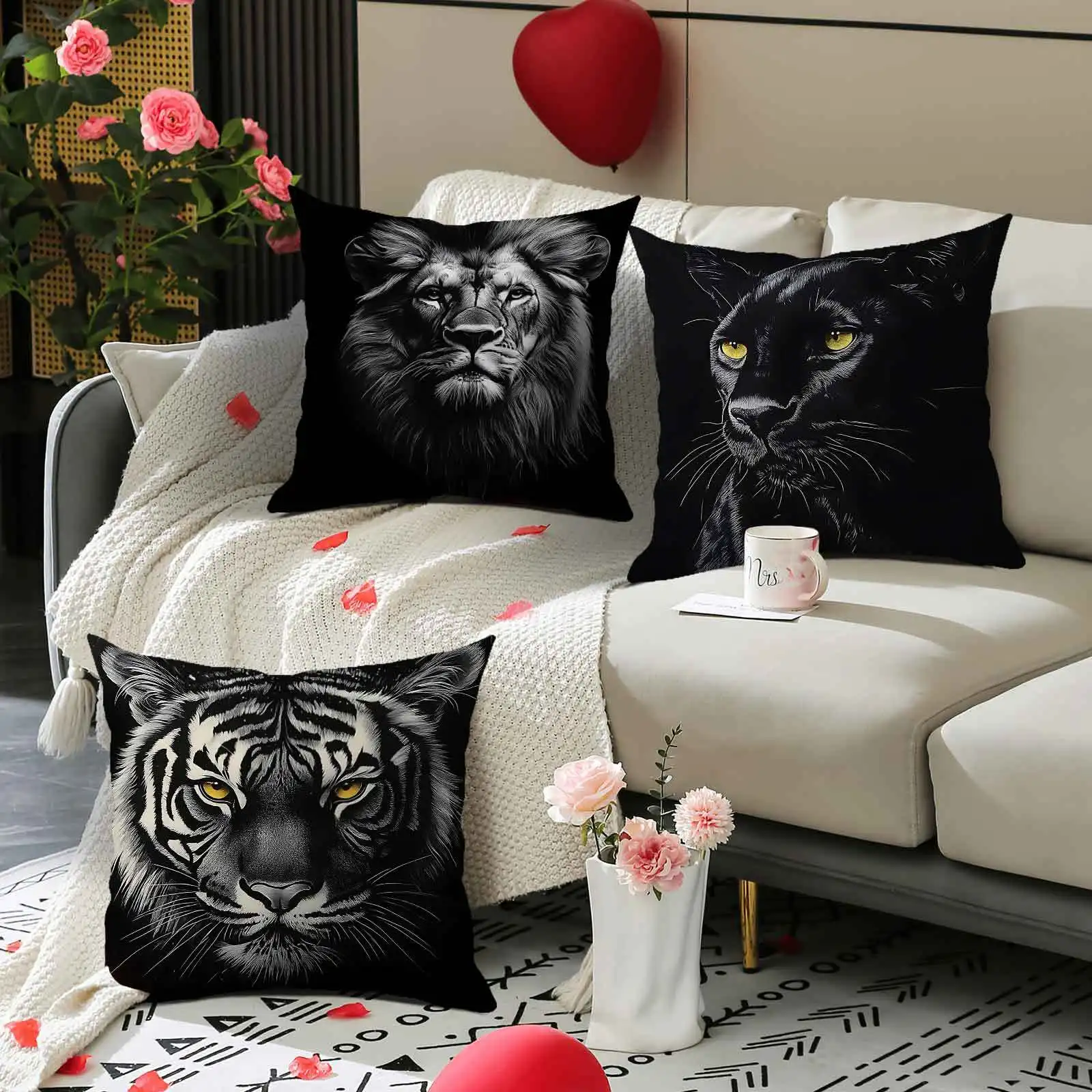 Lion, wolf, black cat tiger patterns printing pillow cover Short plush Suitable living rooms bedrooms sofas throw cushion cover
