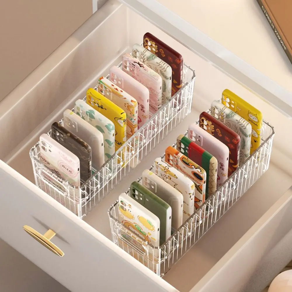 Transparent Phone Case Organizer Removable Dividers With Handle Desktop Storage Box Multi-compartment Space Saving