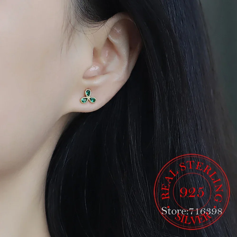 S925 Sterling Silver Emerald 3-leaf Stud Earrings For Women Kids 14K Gold Plate Ear Wedding Party Jewelry Gift Female Pendientes