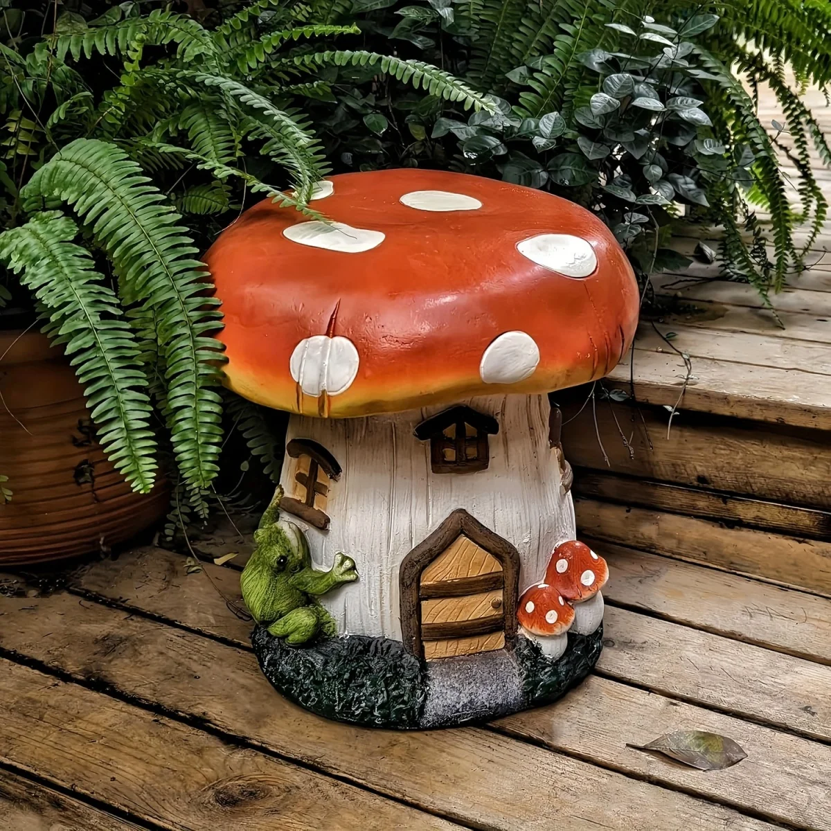 l13.4" Mushroom House Garden Stool, Oversized Resin Sculpture & Fairy Forest Base, Decorative Stool for Home, Courtyard, Lawn, Indoor & Outdoor Spring & Summer Decoration view 4
