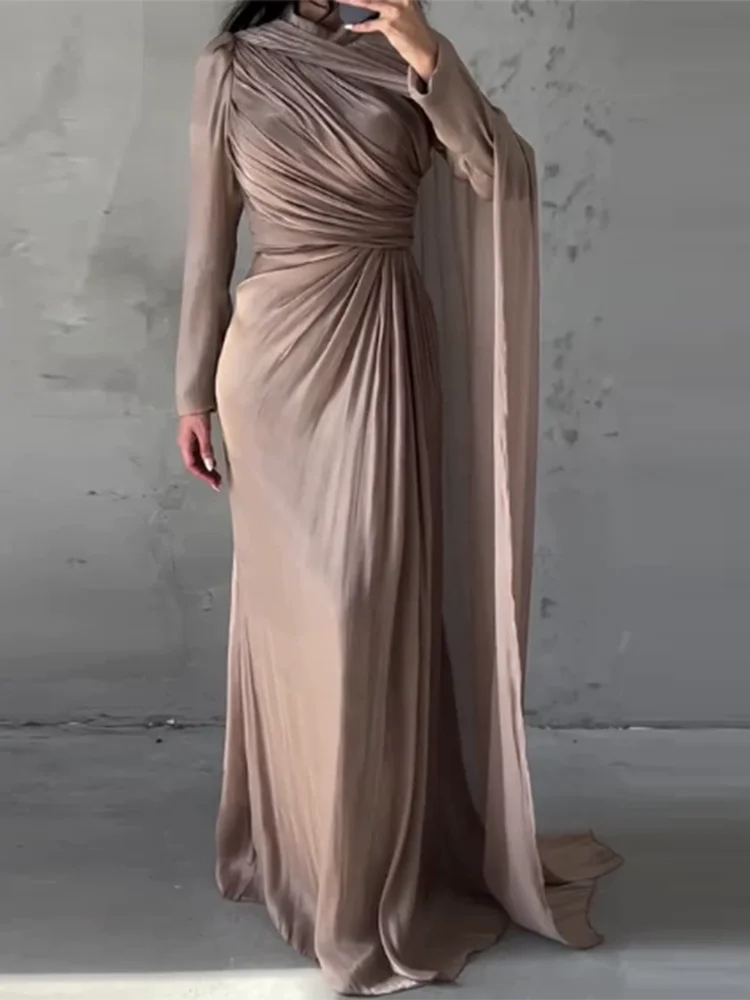 

Элегантное тонкое банкетное платье с длинным рукавом, женское сексуальное однотонное вечернее длинное платье нестандартной формы, модное плиссированное вечернее платье с высокой талией