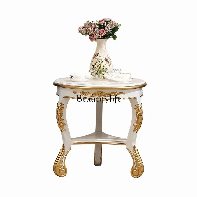 small round table neoclassical small coffee table, white American solid wood furniture living room decoration
