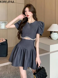 Korejpaa Elegant Women Dress 2024 Summer French Style Mini Dresses Outwear Puff Short Sleeve Slim Waist Hollow Pleated Vestidos