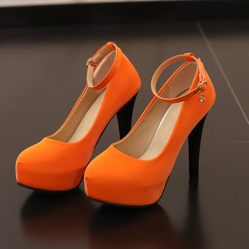 Green Women Platform Pumps Super High Thin Heels Orange Black PU Dress Party Office Ladies Ankle Strap Round Toe Shoes Big Size - view 4