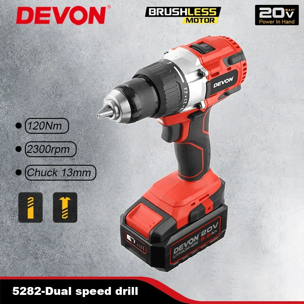 Devon Heavy Duty 5282 Wireless Electric Drill 20v Brushless Max120Nm 2300rpm 2 Speed Adjustable Universal Flex Battery Platform