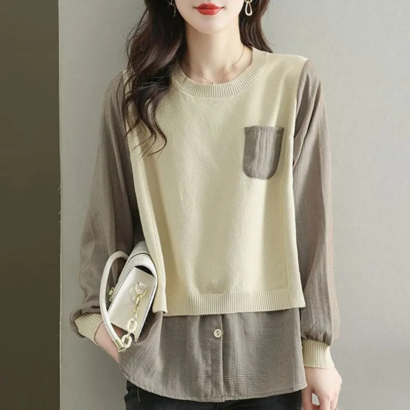 Commute Fake Two Pieces Blouse Female Clothing Casual O-Neck Spring Autumn Long Sleeve Fashion Knitted Patchwork Pockets Shirt