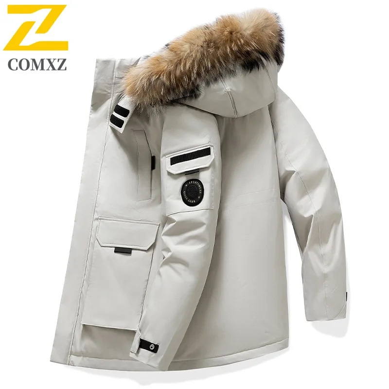 COMXZ Winter Down Jacket Men Women Ski Puffer Coat New Thick Fluffy Fur Collar White Duck Down Warm Coats Trendy Windproof Parka