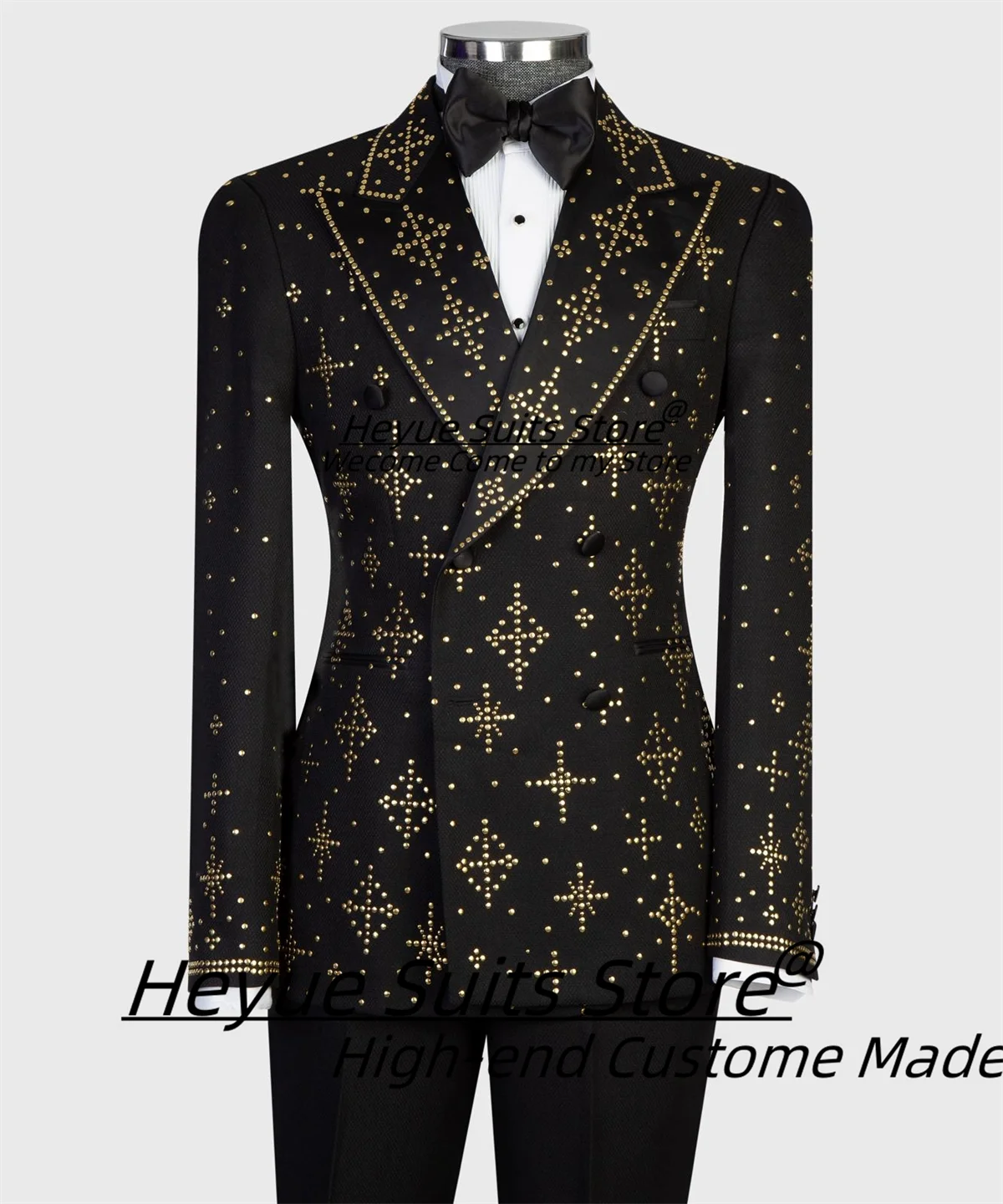 

Customized Gold Gem Stone Men Suits Customized Slim Fit Double Breasted Groom Wedding Tuxedos Male Party Blazers Costume Homme