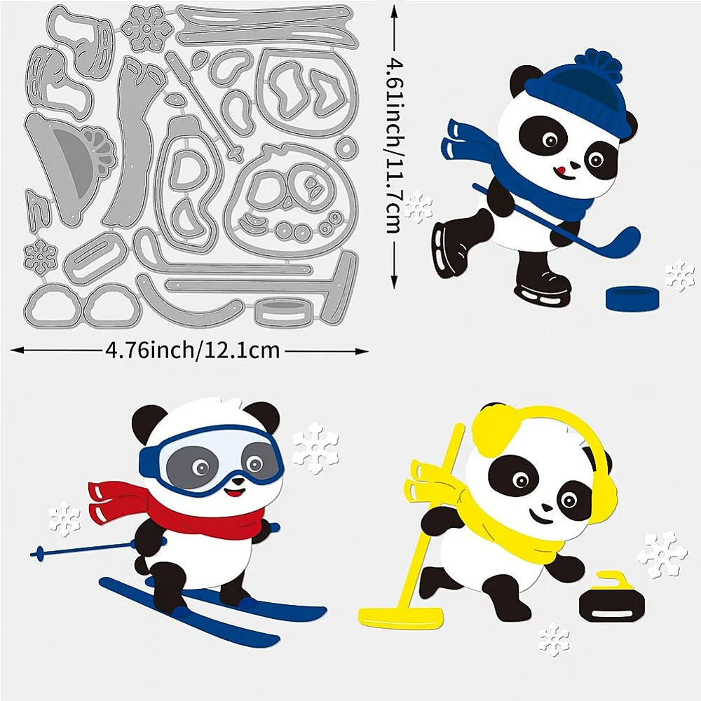 12.1x11.7/4.7x4.6Inch Panda Ski Dies Set Ice Hockey Curling Scarf Hat Goggles Carbon Steel Stencil Template for DIY Scrapbooking