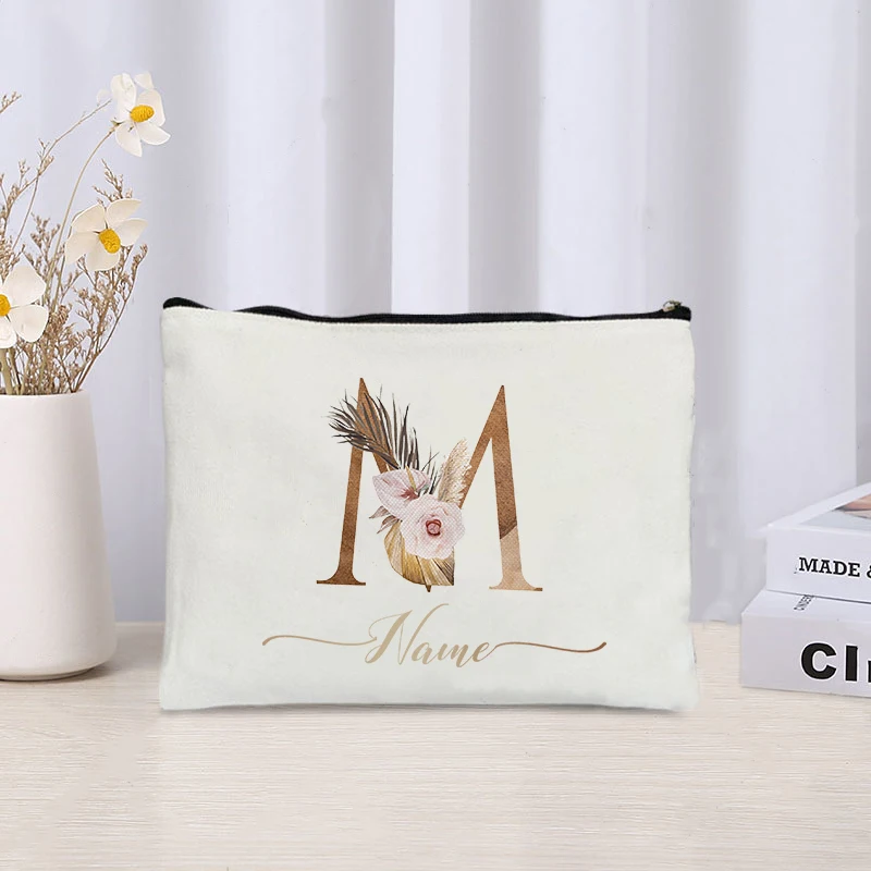 Custom Your Name Cosmetic Makeup Bags A-Z Initial Lipstick Zipper Bag Wedding Bride Cosmetic Pouch Bridesmaid Gifts Toilet Case