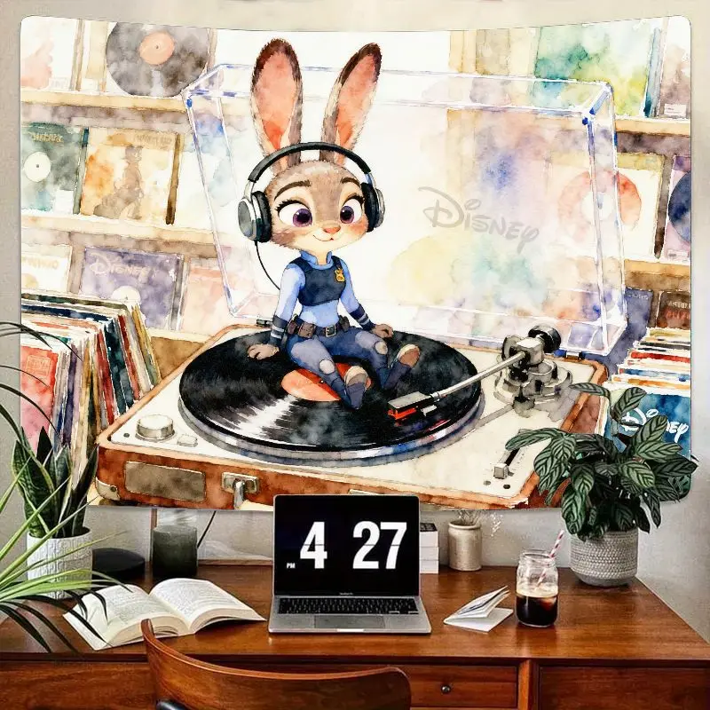 

1 шт. акварельный гобелен Zootopia Judy Hopps, настенное искусство Disney Bunny Record Player, эстетический музыкальный декор комнаты, подарок для фанатов