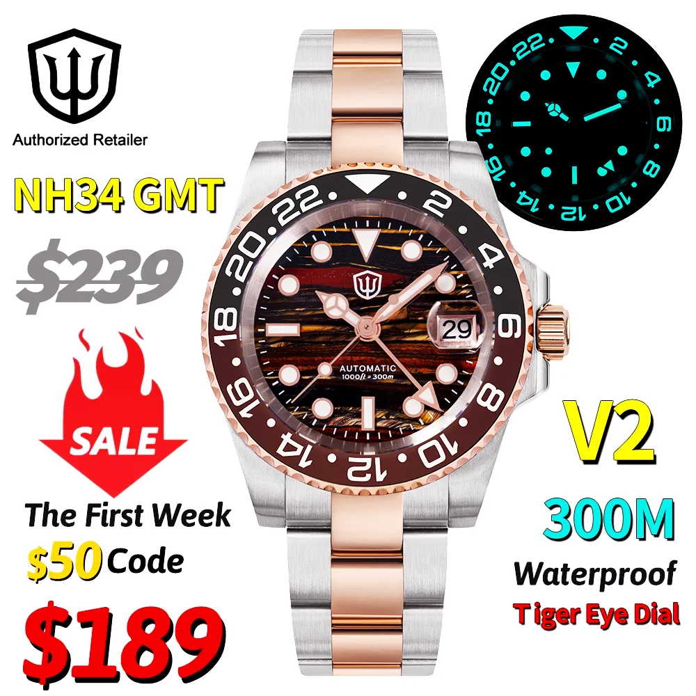 

Watchdives WD16760 V2 GMT mechanical Watch Tigers Eye dial NH34 Sapphire Luminous steel 300m Waterproof automatic luxury Watches
