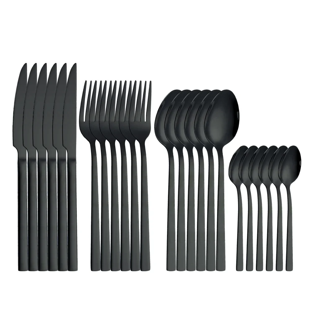 

Steel Wedding Luxury 24pcs Forks Knives Dinnerware Mirror Spoons Stainless Cutlery Set Tableware Black Kitchen