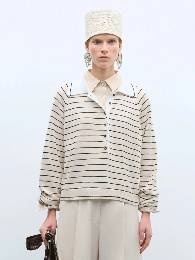 

Мягкая трикотажная цветная женская хлопковая футболка Blo Ne Long Sve, удобная зимняя одежда свободного покроя с полосатым узором