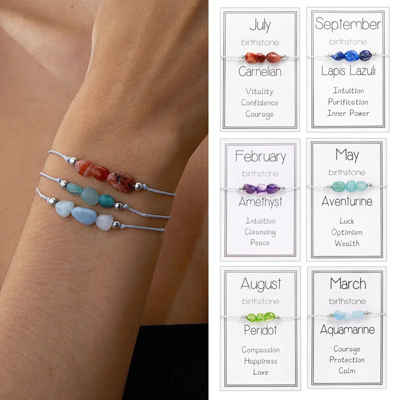 Handmade 12 Months Sign Natural Stone Crystal Birthstone Bracelet for Women Men Braid Adjustable Rope Birthday Jewelry Gift