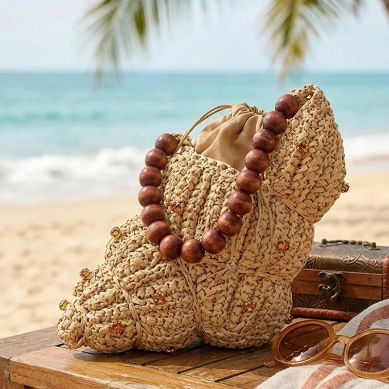 Straw Woven Bag Wooden Bead Handle Beach Tote Summer Boho Handbag For Women Shoulder Purse Vacation Gift