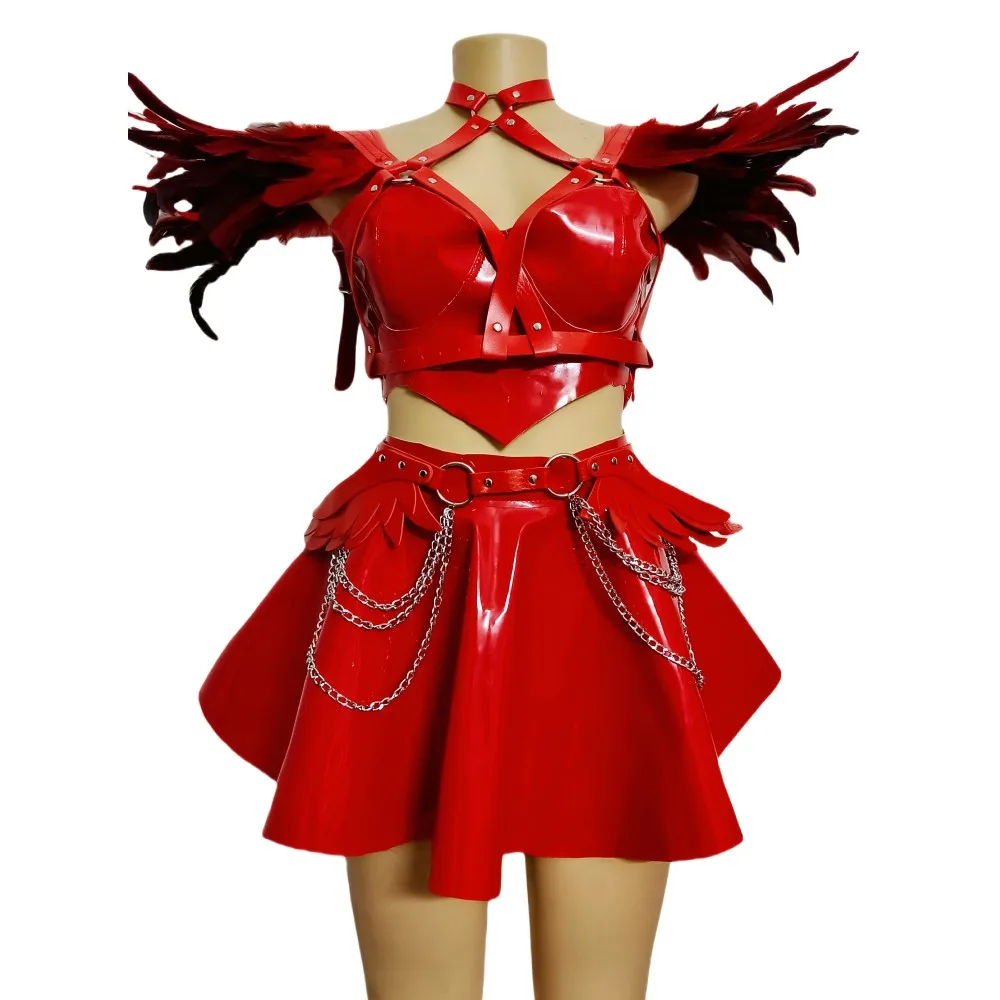 

Gothic Style Women Performance Dance Costume Red Leather Tassel Tops Mini Skirt Outfit Drag Queen Costume Singer Sexy Stage Wear