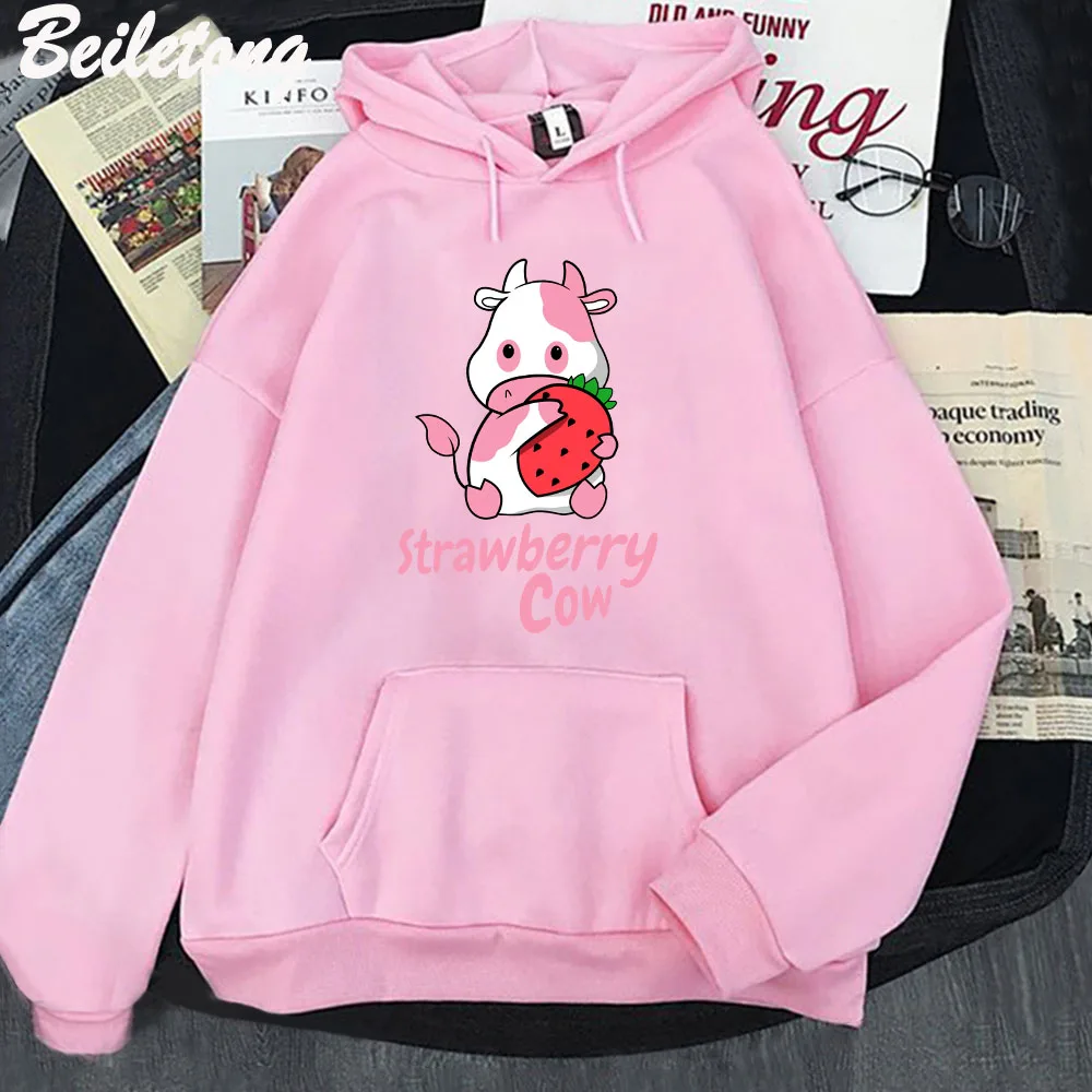 Strawberry Milk Cow Cartoon Hoodie Kawaii Clothing Aesthetic Girls Sudadera Mujer Pink Long Sleeve Loose Sweatshirt Spring Women