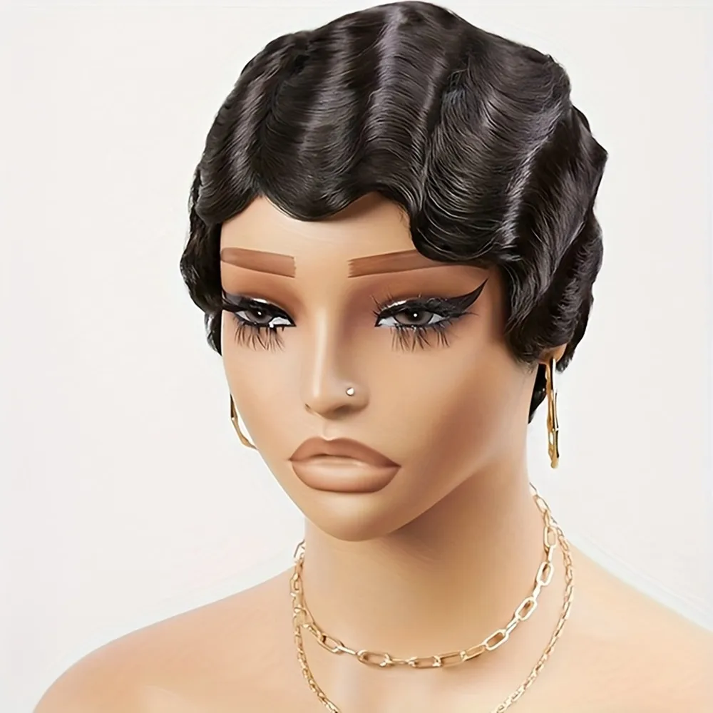 

Глубокая океанская волна, женский шикарный ретро-пальцевая волна, стрижка пикси, парик из человеческих волос, 4 дюйма, парик машинного производства