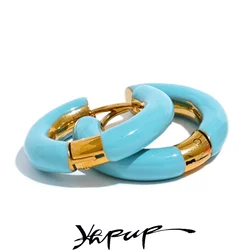 Yhpup 20mm Candy Color Blue Pink Brown Enamel Stainless Steel Hollow Hoop Earrings Golden Simple Trendy Y2K Sweet Jewelry Gift