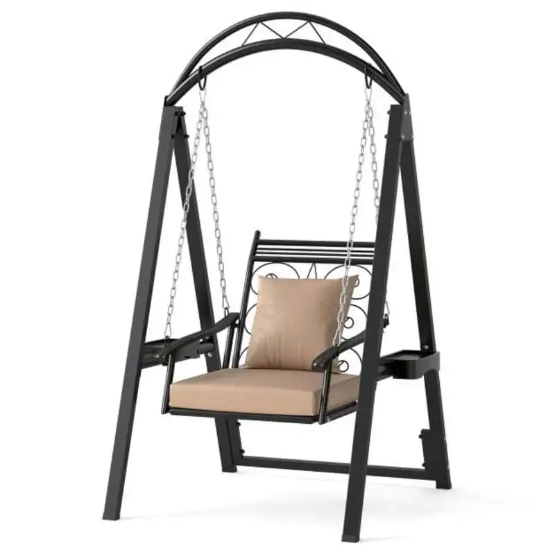 Columpio de exterior con estructura, columpio de patio con cojines y mesas auxiliares para el jardín, negro