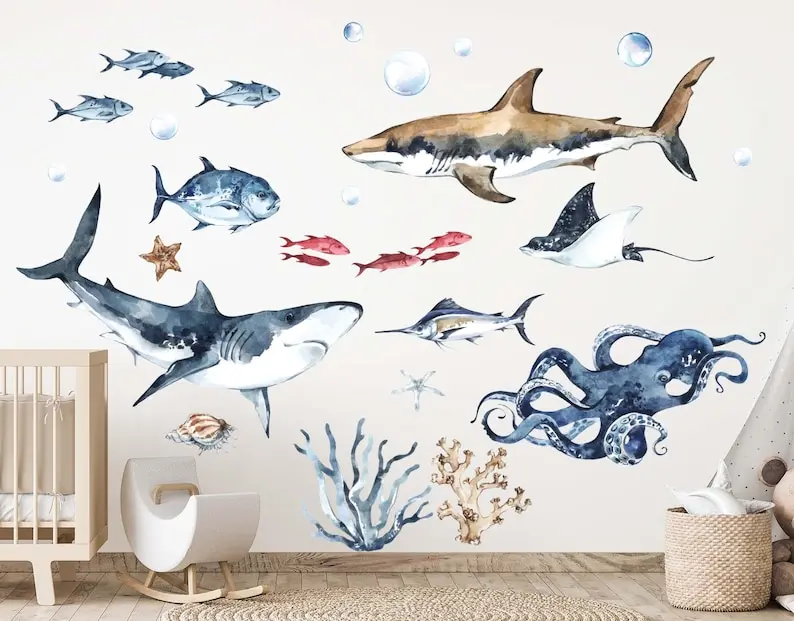 Sea World Ocean wall decal Set for kids room or underwater nursery! These peel and stick ocean wall decals include, whale, turtl