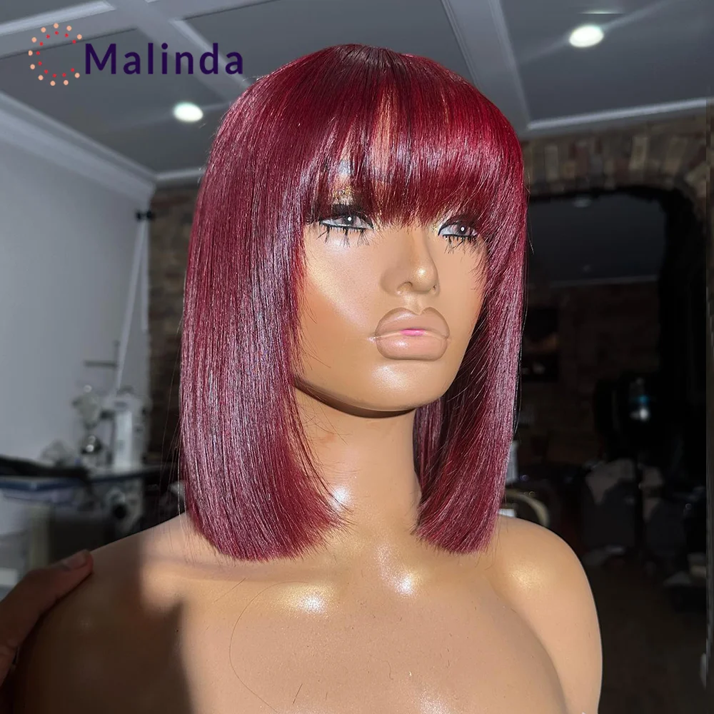 

Short Bob With Bangs Burgundy 99j Color Glueless Wear And Go Human Hair 250% Density Full Machine Wigs Straight BOB For Women