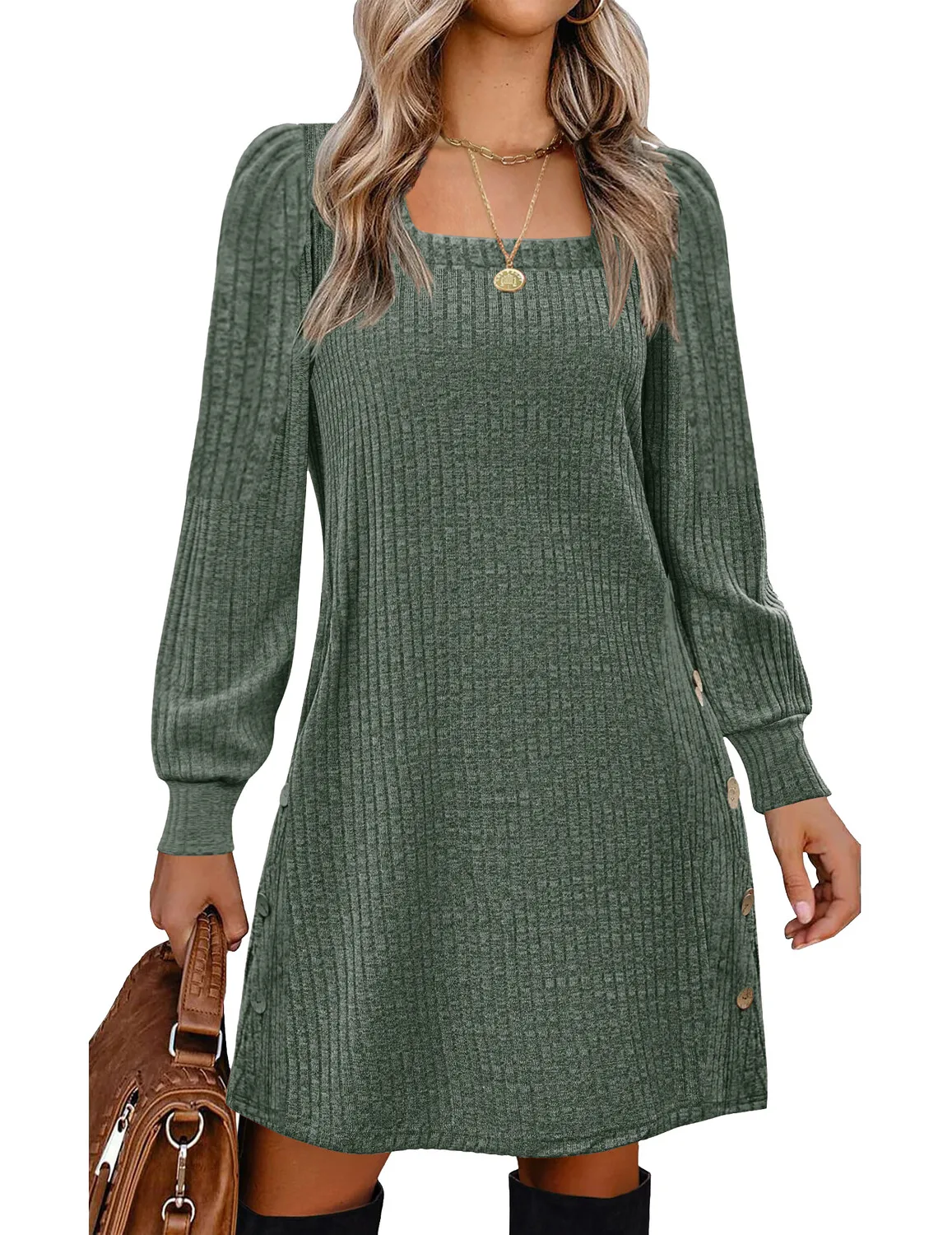 Autumn Winter Plaid Bubble Sleeve round Neck Midi Dress Women's Fashion Elegant Commute Polyester Fiber Patchwork Dress