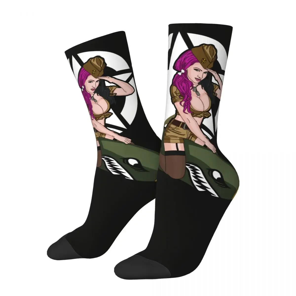 Funny Crazy Compression Sock for Men Army Punk Hip Hop Vintage Pin Up Girl Model Pop Art Seamless Pattern Printed Boys Crew Sock