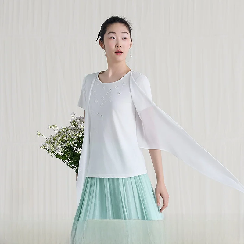 

Ele Embroidered Patchwork Fly Piece T-irt Women's Cotton Blend Casual Sle Floral Pattern ort Sve round Ne