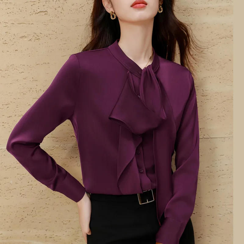 NAVIU Chic Fashion Bibbon Design Long Sleeve Blouses Women Elegant Office Lady Chiffon Shirts Basic Tops Blusas Mujer De Moda