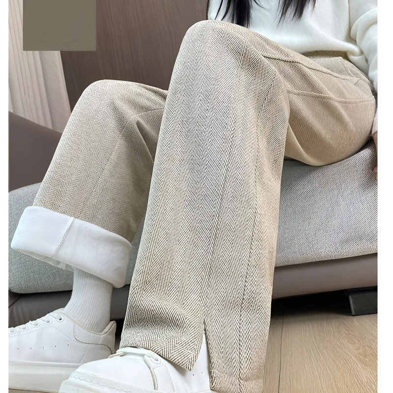 بنطلون نسائي من الصوف واسع الساق مبطن بالصوف سميك عالي الخصر، بنطال مستقيم الساق على طراز الخريف والشتاء